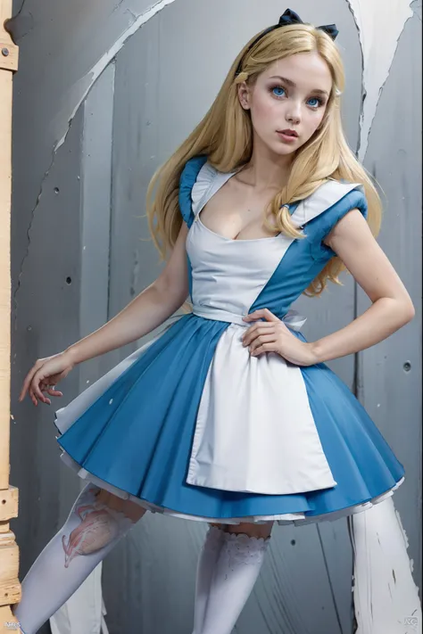 masterpiece, 1girl, (solo:1.0), make her a sexy alice in wonderland with blonde hair, powder blue dress with white apron, white ...