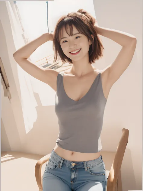 (8K, 超高分辨率, Best quality, Outstanding work:1.2),(18yr old:1.2)、(Charming laughter)RAW portrait of japanese girl、Photorealsitic、top-quality、 (Small of breast, White chest，Delicate collarbones),(Gray sleeveless top and braless :1.3)、(Look down from above:1.2...