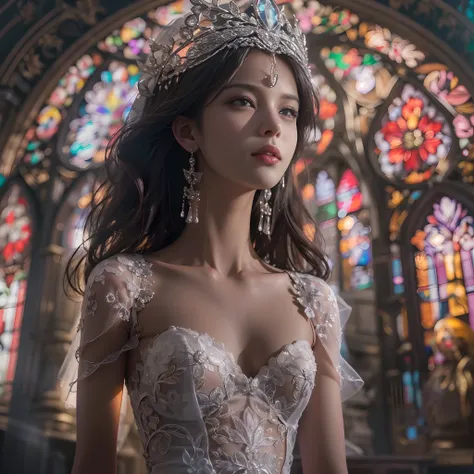 (((nffsw))), (((masutepiece))), (((8K))), (((hight resolution))), (((surrealism))), (((Cinematic lighting))), god rays, Zoom Layer, (((FULL BODYSHOT))), F/4.0, canon, Shiny skin,Detailed skin,Detailed face, Detailed eyes, Beautiful bride goddess, Churches ...