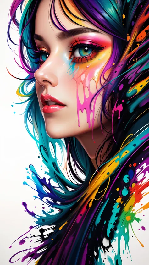 uma mulher com tinta colorida no rosto e no cabelo, gotejamento com cor, arte colorida bonita!, lindo arte digital, pintura de a...