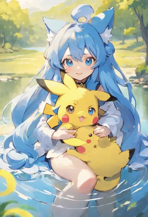 (absurdres, masterpiece) A close up of A petite human female with pale human skin and long blue hair and blue eyes and blue fluffy canine ears and a big blue fluffy tail is sat by a lake she has Pikachu on her lap. Pikachu is smiling towards the viewer.