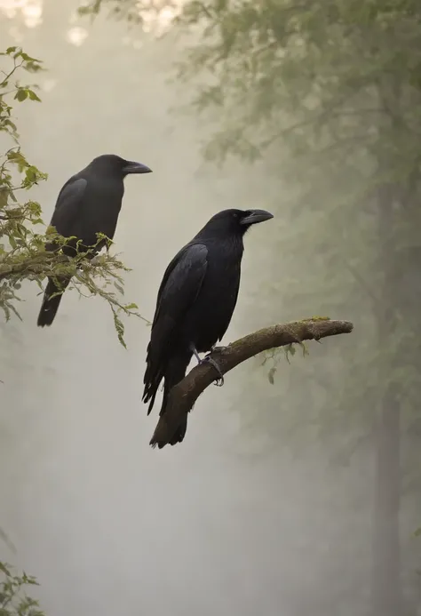 Crows flutter gracefully on their fingers, Strong morning light diffuses through the fog，Flapping,hovering、 Dramatic sidelights accentuate intricate feathers、realisitic、Realistic、Floating birds