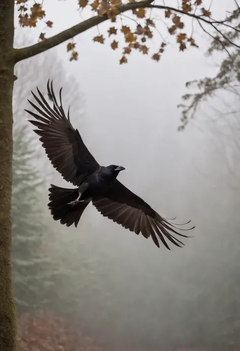 Crows flutter gracefully on their fingers, Strong morning light diffuses through the fog，Flapping,hovering、 Dramatic sidelights accentuate intricate feathers、realisitic、Realistic、Floating birds