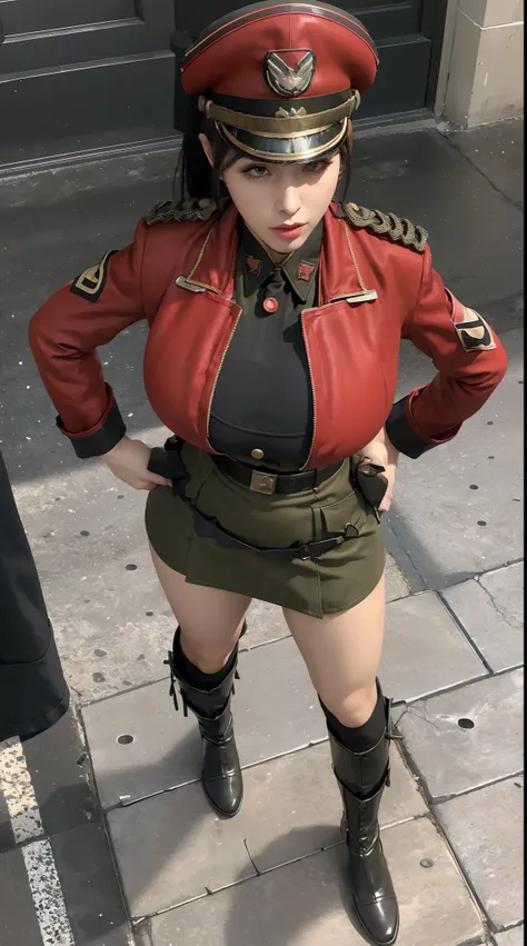 physically-based rendering, 1girl, Female soldier, (huge fake breasts:1.2), (street:1.5), sexy muscular body, slim waist, big buttocks, (Full body:1.3), walking, (skintight army skirt), (red military jacket uniform:1.3).