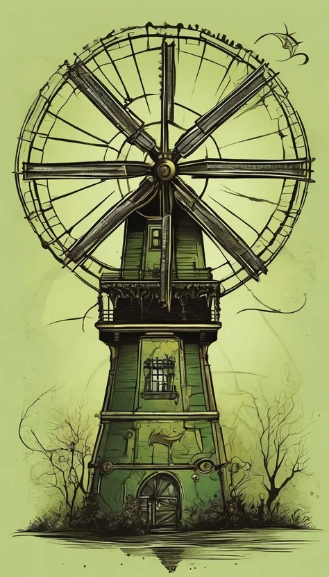 ink paint, A windmill, simple logo design, magic, vibrant pale green colors, dark background, dark magic splash, dark, in the style of Studio Ghibli