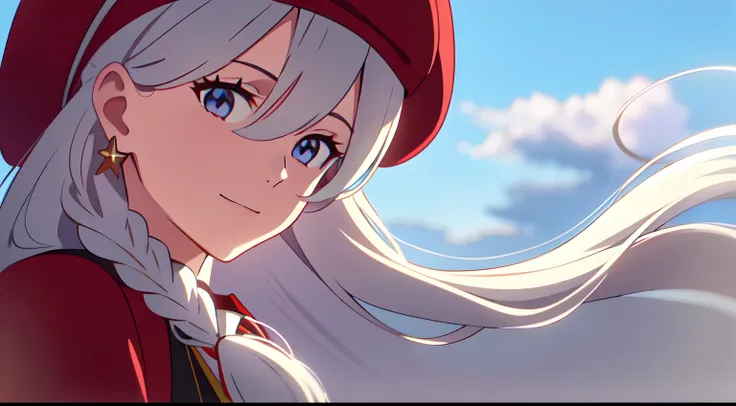 masterpiece, best quality, 1girl, solo, very long hair, white hair, blowing hair, (braided hair ornament), earrings, girly red beret, light blue eyes, sky, black crop top, red open jacket, close up, look at viewer, light smile