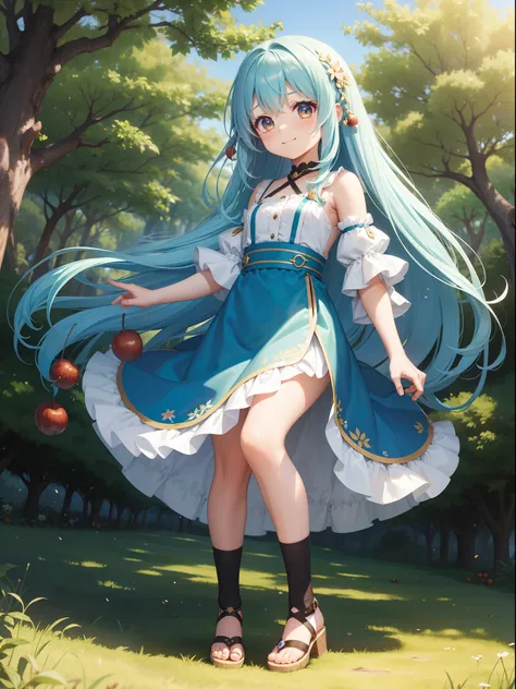 Chibichara　Picking chestnuts in a chestnut grove　long hair with blue hair((Chibi Chara))、A charming smile、Fluffy、girl with、Chibi Chara、Friends of the Forest、full body Esbian、Pastel colors hair、masutepiece、top-quality、