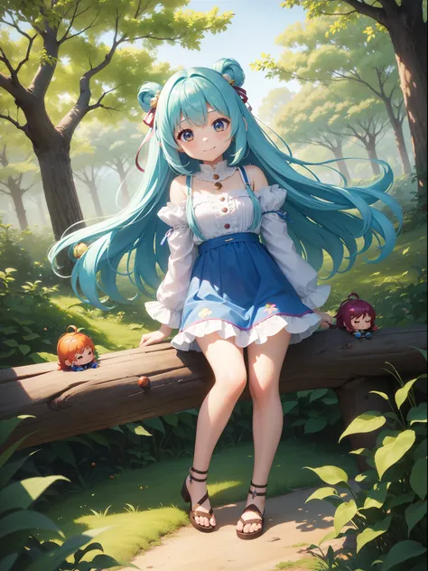 Chibichara　Picking chestnuts in a chestnut grove　long hair with blue hair((Chibi Chara))、A charming smile、Fluffy、girl with、Chibi Chara、Friends of the Forest、full body Esbian、Pastel colors hair、masutepiece、top-quality、