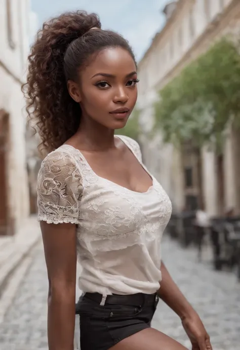 ((Dark African skin, Very deep ebony skin)), ((Its beauty is undeniable)), ((Excited cute face)), ((Hyper detailed perfect eyes,)), ((Pose mignonne)), ((Langue sortie)), ((Seductive )), sexy, (( Tight mesh shirt, shorts courts sexy)), ((African long curly ...