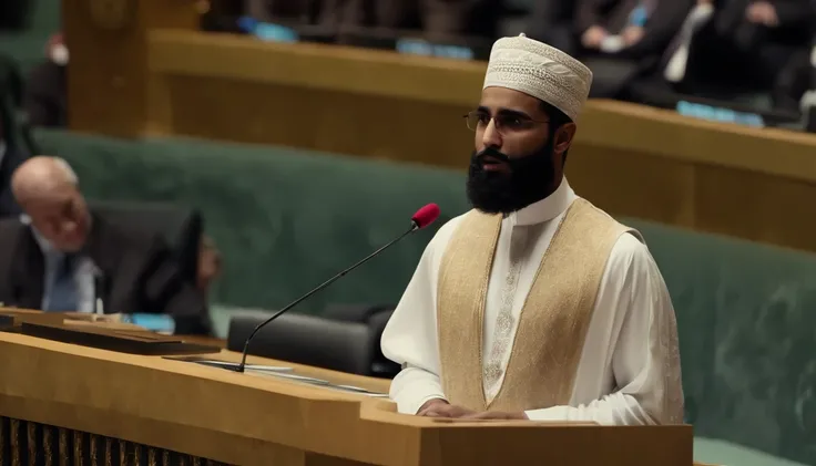 1 smart teenage Muslim Scholar with normal beard no moustache wearing white Arabian Suit addressing speech at UN assembly Infront of Many Countries President. Zoom out, realistic detail 4k