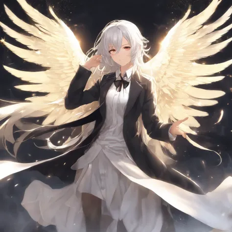 (masutepiece, Best Quality:1.3), (Ultra-detailed:1.3), 1girl in, yui, (white  hair, hair messy, The long-haired), (Angel wings, Angel Halo), flat-chest, yellow  eyes, (white  shirt, Black Tie, Black coat, open coat), Cowboy shooting, Lighting Cinematic, ((...