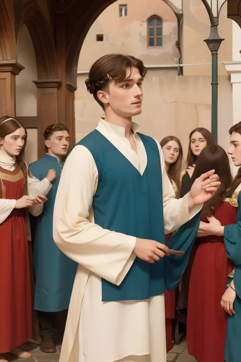 Year: 11th century. Location: Augsburg. Pre-raphaelite scene with a 20-year-old english man, performing a street show in front of an audience, entertaining, ((happy)), ((((11th century plain tunic)))) ((11th century hairstyle)), (((cinematic style)))