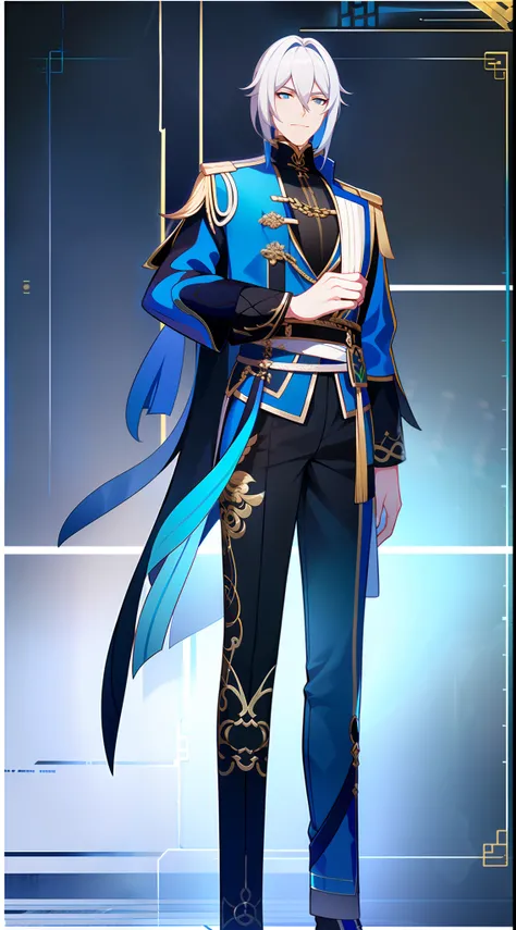 Tall guy, Silver hair in a bob, Cyan eyes, smirk, grace, Beautiful blue Chinese combat jacket, Gold Elements, black tight pants, Chinese Sword, Blue finch, Ling(Mobile Legends), hiquality, 4k, HD, Good detail