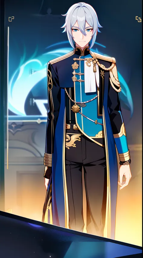 Tall guy, Silver hair in a bob, Cyan eyes, smirk, grace, Beautiful blue Chinese combat jacket, Gold Elements, black tight pants, Chinese Sword, Blue finch, Ling(Mobile Legends), hiquality, 4k, HD, Good detail