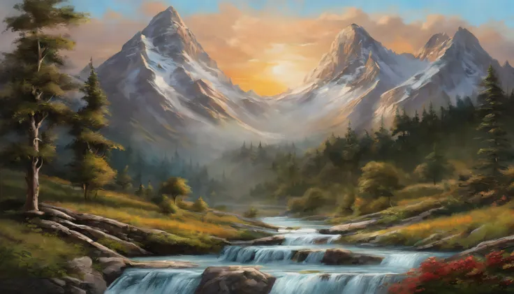 painting of a mountain scene with a stream and a stream, by Bob Ross, landscape art, bob ross style, epic oil painting, landscape oil painting, oil painting h 768, a beautiful landscape, in a mountain valley, oil paintings, smooth oil painting, mountain sc...