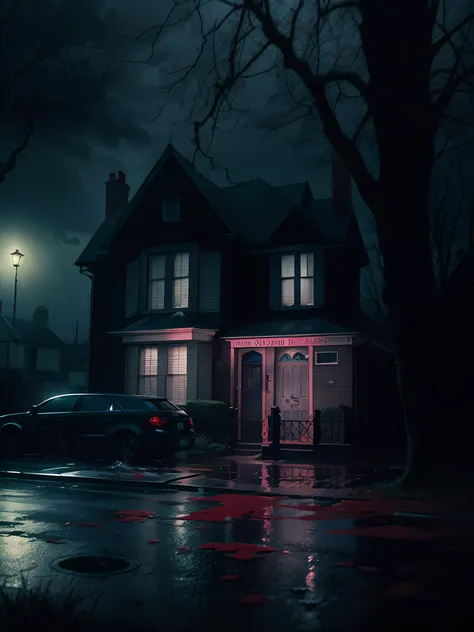 enfield poltergeist from afar, back turned, blood dripping. It is located in the middle of an enfield street at night. Dark shadows, low visibility. Heavy storm and rainfall. photo taken with provia, b-movie aesthetics, b-horror movie aesthetic.