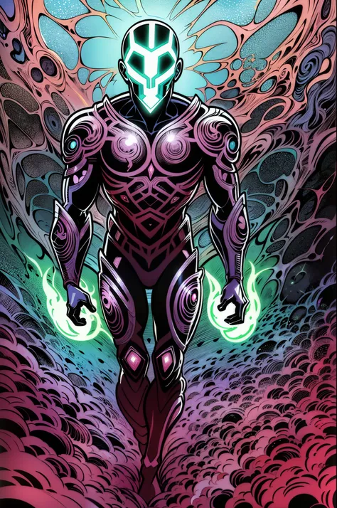 weird edgy superhero, standing, solo, full body, dark, mysterious, surreal, powerful, dramatic lighting, intense colors, comic book style, 60s,methurlant intricate surreal gritty atmospheric cinematic stylized contrast comic eerie cybernetic futuristic, bi...