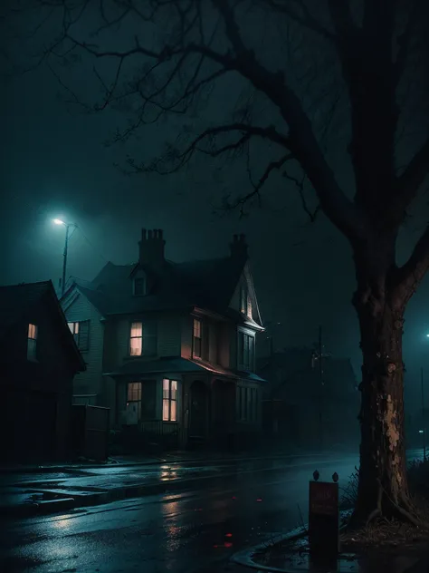 enfield poltergeist from afar, back turned, blood dripping. It is located in the middle of an enfield street at night. Dark shadows, low visibility. Heavy storm and rainfall. photo taken with provia, b-movie aesthetics, b-horror movie aesthetic.