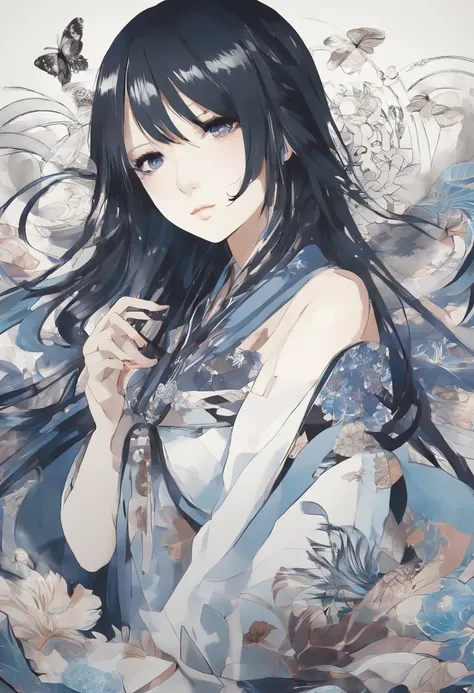 photo blanc et noir , style manga japonais , Nom : Isabella "Izzy" Ondine Apparence : Isabella is a strikingly beautiful young woman, with long ebony hair that frames her face and deep blue eyes that seem capable of capturing the soul of anyone who looks a...