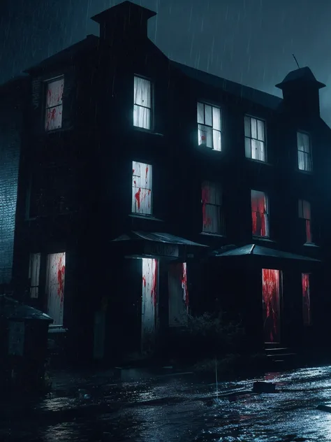 enfield poltergeist from afar, back turned, blood dripping. It is located in the middle of an enfield street at night. Dark shadows, low visibility. Heavy storm and rainfall. photo taken with provia, b-movie aesthetics, b-horror movie aesthetic.