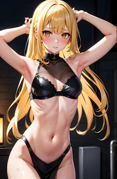 masutepiece, Best Quality, 1girl in,Frontal shot of a girl,Slender face,slender physique, Looking at Viewer, Cute, Bra, medium breasts, Yellow eyes,  Behind Wallenstein,  Yellow hair, Long hair, Beautiful detailed eyes, embarrassed:06,is crying:0.9,with ar...