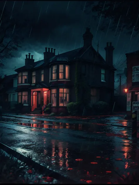 enfield poltergeist from afar, back turned, blood dripping. It is located in the middle of an enfield street at night. Dark shadows, low visibility. Heavy storm and rainfall. photo taken with provia, b-movie aesthetics, b-horror movie aesthetic.