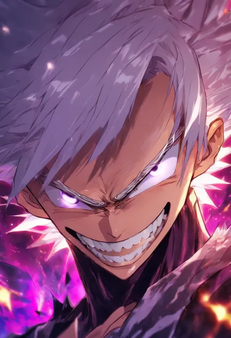 1 man,short messy white hair, purplish white eyes,grin,sharp teeth, portrait,close up of the upper body