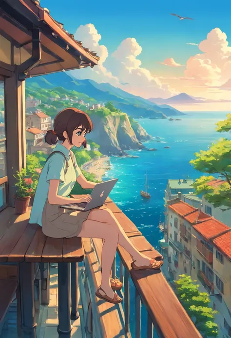 Woman sitting on balcony of café with sea view,Work on a laptop,You can see the sea horizon,by Miyazaki, makoto shinkai cyril rolando, Amazing Miyazaki, miyazakis animated film, studio ghibli artstyle, beautiful anime scene, miyazaki film, Hayao Miyazakis ...