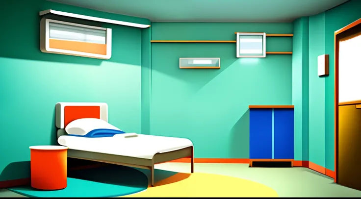 cartoon hospital , hospital interior, hospital  interior, room , bad condition room interior, a Indian hospital room a small room, Indian room interior bright white lighting