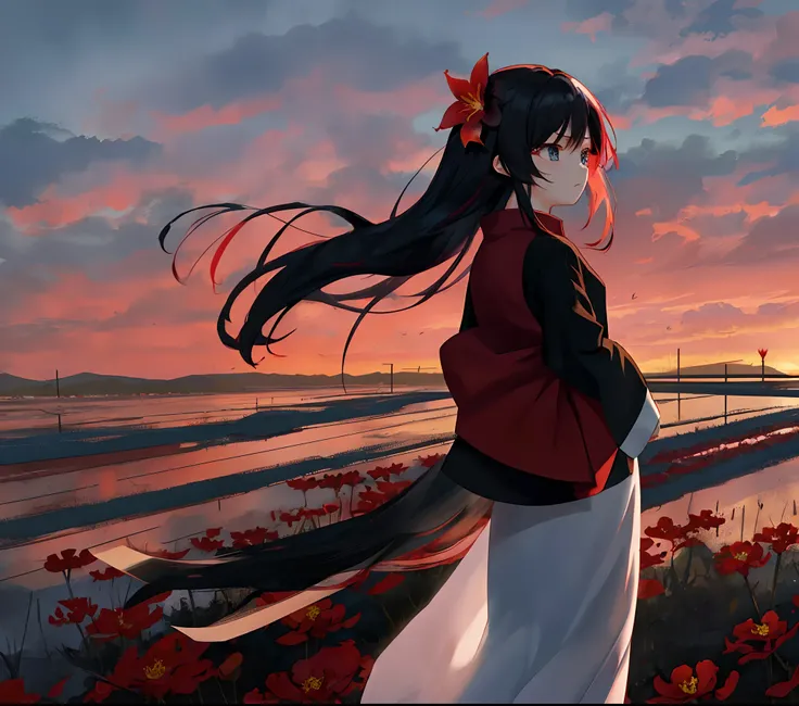 Dyed in the sunset、Bright red higan flower。A Girl Standing There。with serious face expression、Looking into the distant future。3D anime style。Long black hair fluttering softly in the wind。Blue eyes。