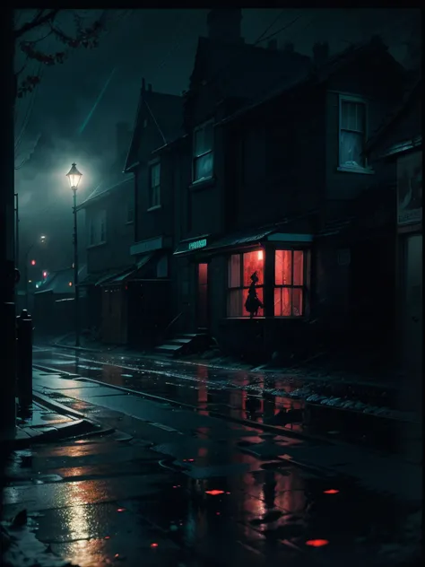 enfield poltergeist from afar, back turned, blood dripping. It is located in the middle of an enfield street at night. Dark shadows, low visibility. Heavy storm and rainfall. photo taken with provia, b-movie aesthetics, b-horror movie aesthetic.