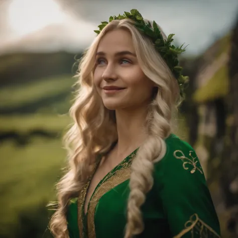 top-quality, ​masterpiece, ultra-detailliert, Girl Like an Elf, 独奏, cute little, A smile, Wearing hair ornaments, blonde  hair, Green clothing, Being in a European village