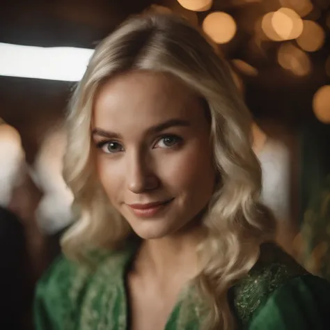 top-quality, ​masterpiece, ultra-detailliert, Girl Like an Elf, 独奏, cute little, A smile, Wearing hair ornaments, blonde  hair, Green clothing, Being in a European village