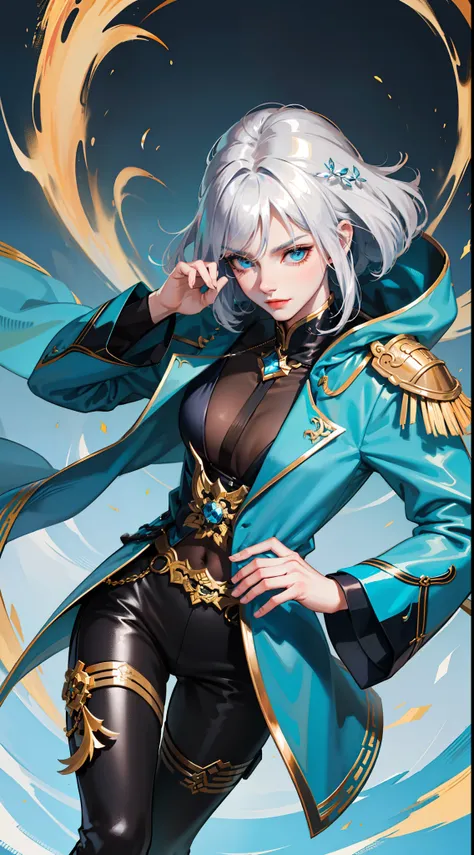 Tall guy, Silver hair in a bob, Cyan eyes, smirk, grace, Beautiful blue Chinese combat jacket, Gold Elements, black tight pants, Chinese Sword, Blue finch, Ling(Mobile Legends), hiquality, 4k, HD, Good detail