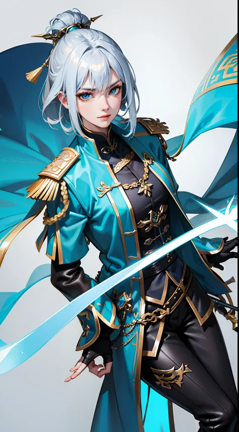 Tall guy, Silver hair in a bob, Cyan eyes, smirk, grace, Beautiful blue Chinese combat jacket, Gold Elements, black tight pants, Chinese Sword, Blue finch, Ling(Mobile Legends), hiquality, 4k, HD, Good detail