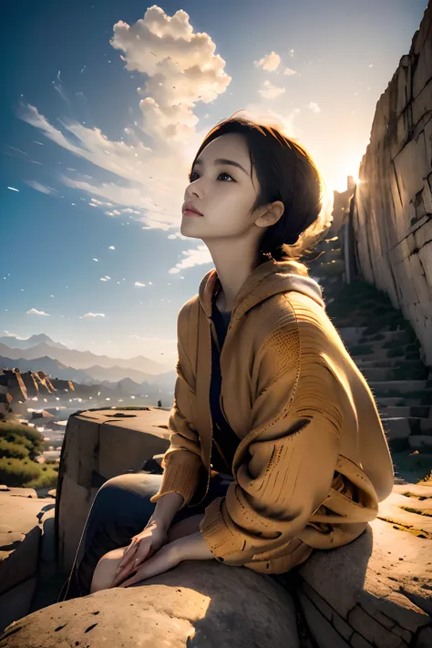 top-quality、masuter piece、ultra-detailliert、8ｋ、独奏、parfect anatomy、sixteen years old、(((girl sitting on a huge rock looking at th...