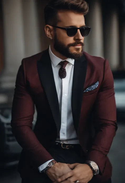 Make a shirt and blazer to cover tattoos and chest. Glasses black rim. Professional look. Outside a corporate office