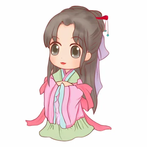 Cartoon girl in kimono dress，Pink bow, inspired by Li Mei-shu, anime chibi, tchibi, chibi girl, chibi anime, Palace ， A girl in Hanfu, inspired by Takehisa Yumeji, inspired by Lü Ji, inspired by Ju Lian, Princesa chinesa antiga, flowing hair and long robes...