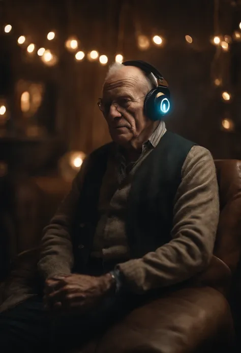 A happy old man listening a music with headphone, wearing punk suit, dancing, bald, fat, neon lights, cyberpunk room, detailed face and eyes, perfect anatomy, natural skin, perfect object, happy moment, ambient lighting, raw photo, ultra detailed, realisti...