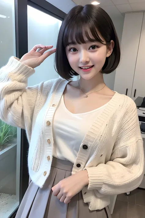 Photo Real、photoRealstic、girl1　A dark-haired、Light bangs、poneyTail、short-hair　with round face、a baby face　Laughing expression、Facial expressions to enjoy　White cardigan、Gray long skirt　Background with、aquariums