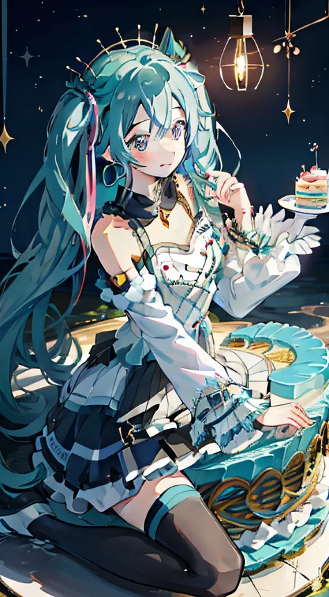 Hatsune Miku sits on a huge creamy birthday cake，The birthday cake is lit with colorful birthday candles，happy birthay，ssmile，Exquisite facial features，Elaborate Eyes，Gentle and shy face，Peerless beautiful girl，Advancedsense，Sandwich the strawberry between...