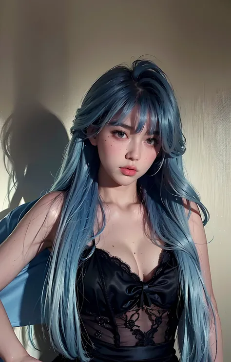 Best quality, masterpiece, ultra high res, (photorealistic:1.4), raw photo, 1girl, (black lace nightgown), ((small breast)), cold light, moles, ((light blue hair)), pouty lips, long hair, (downturned eyes), chubby cheeks, ((pink lips)), (((natural))), beau...