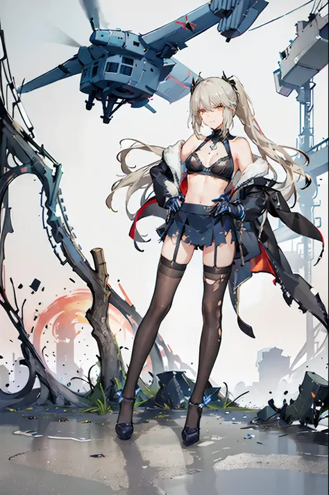 (Best quality, 8k,raytracing,1 girl, solo, Artoria_alter, threaded outfit, bra), race_queen, tattered and torn outfit, blue knee_highs, tattered and torn knee_highs, ponytail, standing, ruined buildings in background, destroyed surroundings,Rhongomyniad, d...