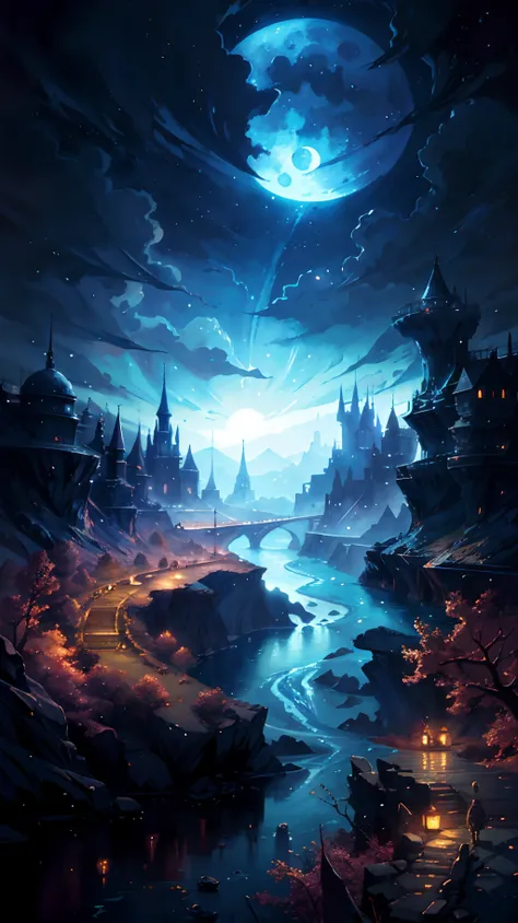 a painting of a river with a full moon in the background, digital art inspired by Andreas Rocha, pixiv contest winner, fantasy art, magical landscape, magical environment, beautiful anime scenery, detailed dreamscape, beautiful anime scene, night scenery, ...