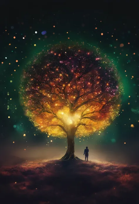 a colorful tree in the dark of night, in the style of luminous spheres, concept art, joel robison, flowing forms, uhd image, colorful watercolors, dark emerald and light amber