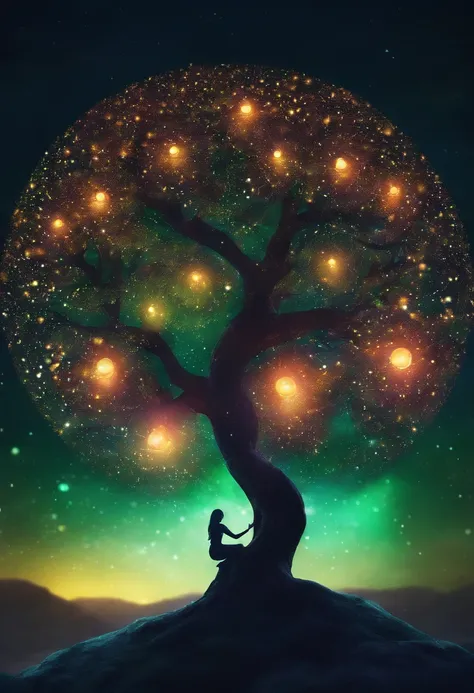 a colorful tree in the dark of night, in the style of luminous spheres, concept art, joel robison, flowing forms, uhd image, colorful watercolors, dark emerald and light amber