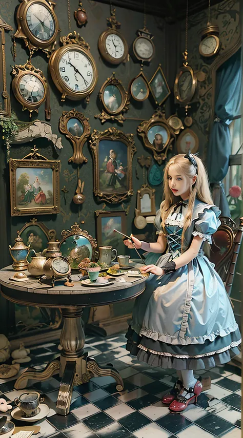 (((Masterpiece))), (((top image quality))), (((ultra-realistic depiction))), (((Alice in Wonderland in Gothic Lolita fashion))), (((diorama worldview))), Pocket watches, checkered floors, rabbits in tuxedos, kings and princesses in tramp bodies, poisonous ...