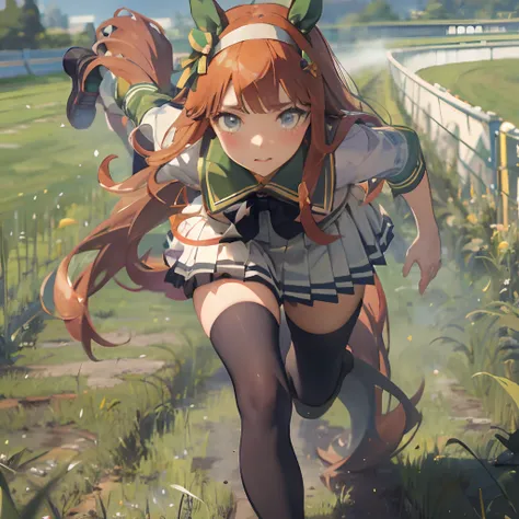 Masterpiece, Best Quality,  close up, face shot,
silence suzuka (umamusume),, white skirt, pleated skirt, black tights, white bra with patches, black bow, running, Loose grass, heel, Butt view, full length, Srusy