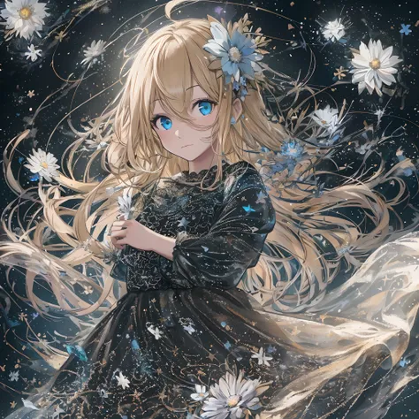 (best quality, masterpiece), 1girl, galaxy, glitter, dress, particle, wind, flower, upper body, dark simple background, looking at viewer, blonde,