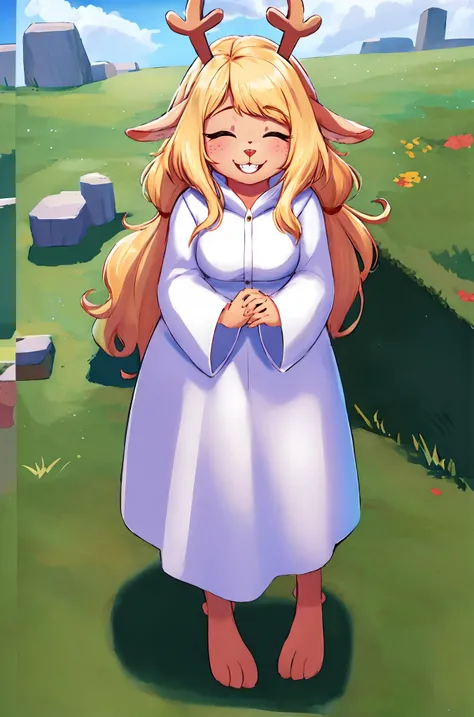 solo, cartoony, best quality, 1girl, noelleholiday, blonde hair, long hair, furry, white dress, smile, one eye closed, , upper teeth, round teeth,,standing, full body, feet